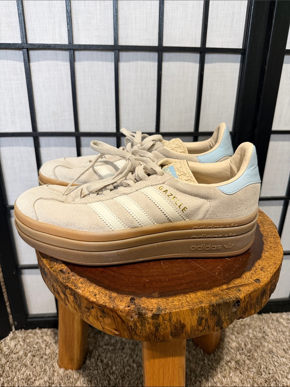 adidas Gazelle Platform Sneakers in Cream with Light Blue Heel Tab EUC 5.5